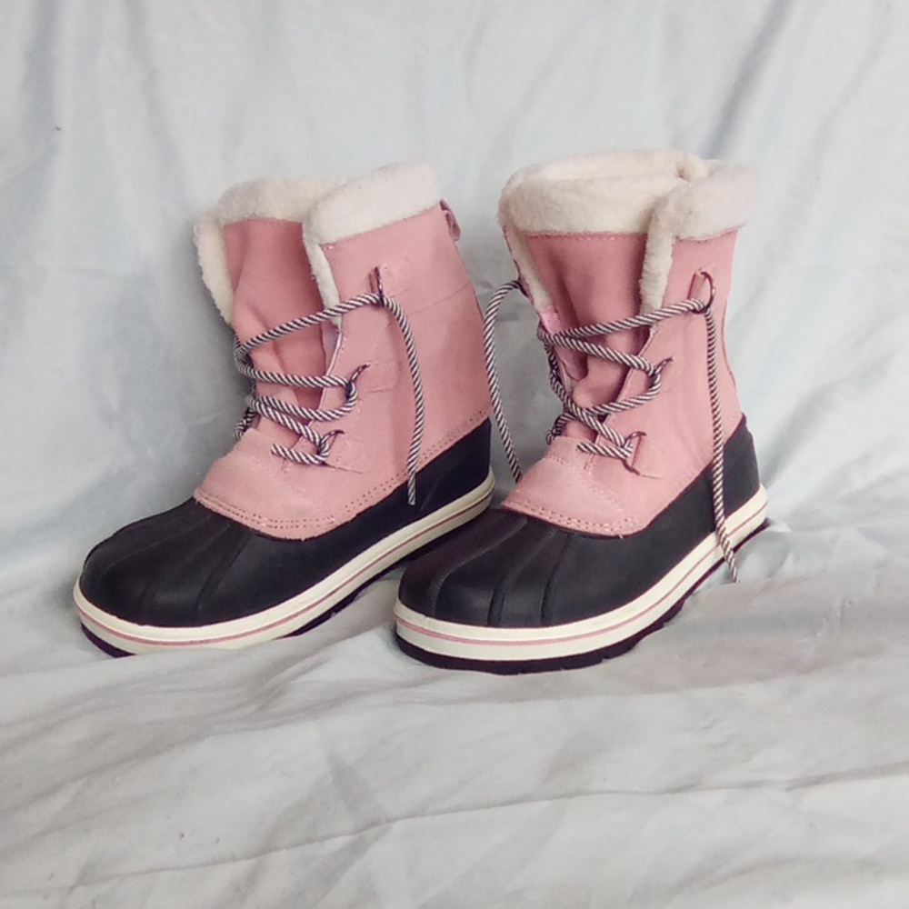 Cat & jack winter boots pink/black/white leather/rubber fleece lined size 6